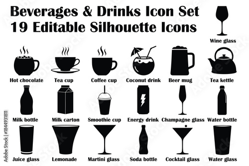 Beverages & Drinks Silhouette Vector Icon Set – 19 Editable Food and Drink Symbols for Menu, Cafe, Restaurant & UI Design