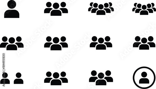 Group icons, people symbols, social network, demographic visualization, user interface, team structure, community design, black silhouette, organization chart, avatar set