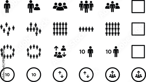 Group size icons, people arrangement chart, social dynamics symbols, team formation graphics, crowd metrics visualization, human interaction infographic grid