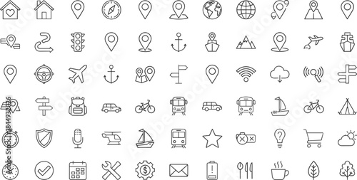 Travel, navigation, outdoor, adventure, tourism, icons, blue, line, vector, map, location, compass, transport, camping, journey, vacation, exploration, direction, mobility, travel-related