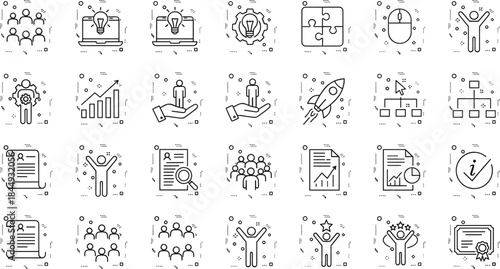 Business management line icons set featuring teamwork, analytics, growth, strategy, innovation, leadership, startup concepts, blue outline vector collection for designers