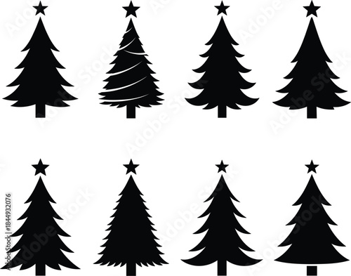 Collection of eight classic and stylized black Christmas tree silhouettes with star toppers, providing versatile holiday icons and design elements for simple seasonal graphics and logo projects.