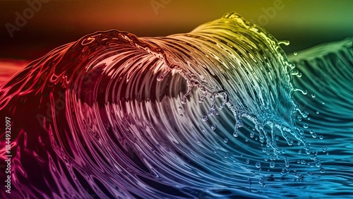 Fototapeta Naklejka Na Ścianę i Meble -  Dynamic close up of a vibrant rainbow colored ocean wave cresting and splashing water droplets against a dark background creating an abstract liquid motion effect