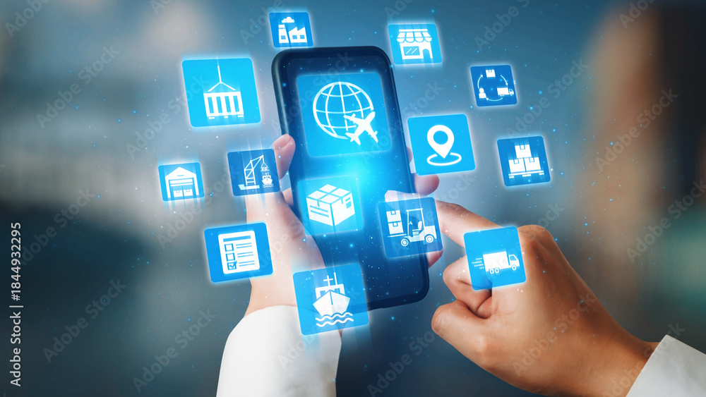 Naklejka premium Global shipping icons show transport, logistics, and cargo delivery. Global shipping connects supply chain, global shipping management, and worldwide goods distribution. Gist