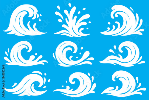 Black waves and splashes of water set. Swirls, curves and flow of liquid clip art. Silhouette of water flows, vector elements on a white background.