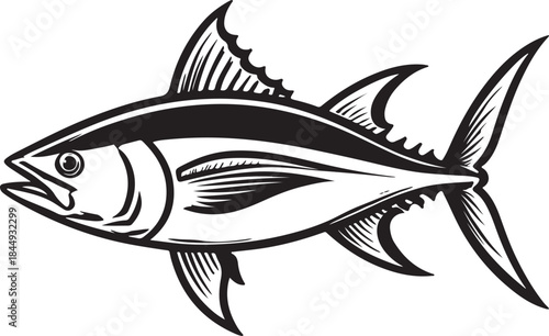 Stylized black and white illustration of a tuna or game fish swimming