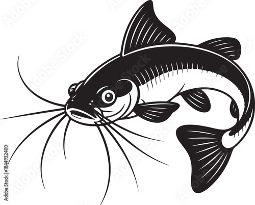 Stylized black and white illustration of a catfish with whiskers