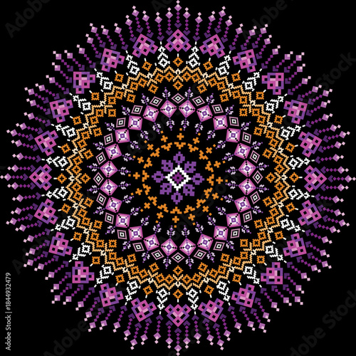 A detailed geometric mandala featuring purple, orange, and white pixel-style patterns arranged in vibrant radial symmetry.