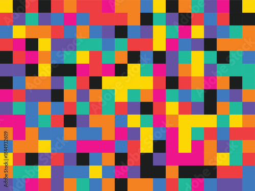 Colorful pixel mosaic with bright hues and black details on white