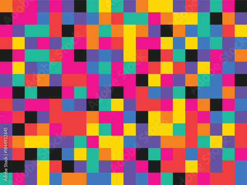 Vibrant pixel art design with multicolored squares on