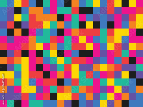 Multicolored pixel mosaic with black details on
