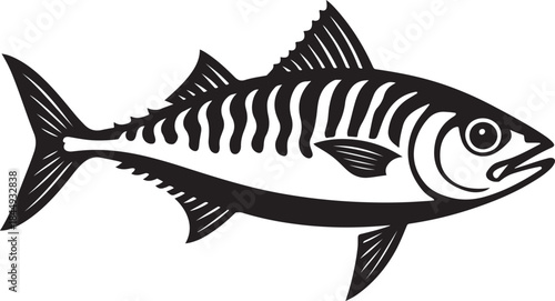 Black and white stylized graphic icon of a swimming mackerel or tuna fish