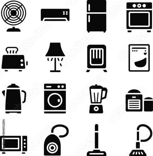 Collection of Black Household Appliance Icons on White Background