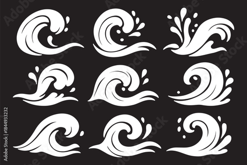 Black waves and splashes of water set. Swirls, curves and flow of liquid clip art. Silhouette of water flows, vector elements on a white background.