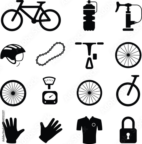 Cycling And Bicycle Equipment Icons Set Keywords: cycling, bicycle, equipment, icons, set, bike, water bottle, pump, helmet, chain, handlebar