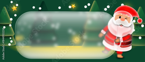 Cute Santa Claus character in glassmorphism style, pulling a Glass Screen with snow, stars. Perfect for Christmas designs, holiday greetings, seasonal promotions, apps, stickers, and festive branding.