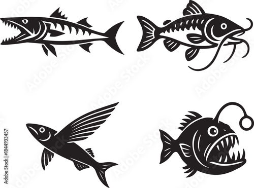 Black and white fish vector icons set: barracuda, catfish, anglerfish