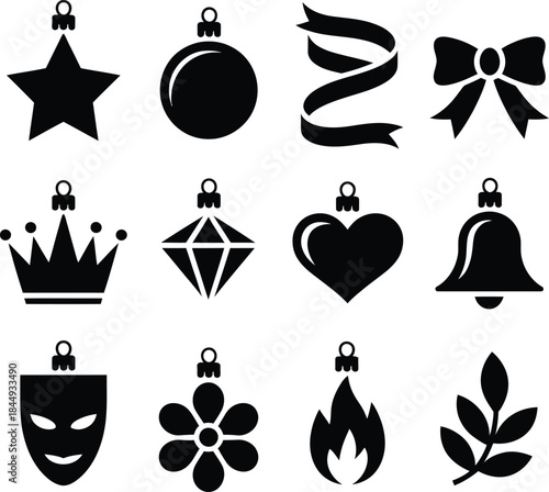 Decorative holiday ornament icons on white background