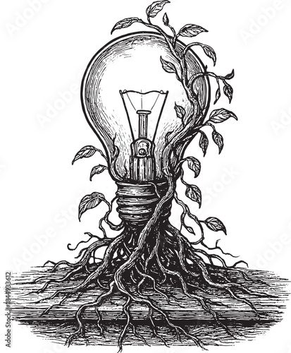 Hand drawn illustration of light bulb growing from roots and vines