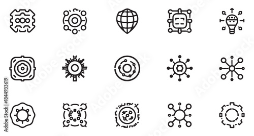  Collection of abstract geometric and technological icons in a simple silhouette style