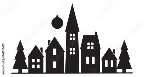  Charming village silhouette with diverse houses and evergreen trees at dusk silhouette