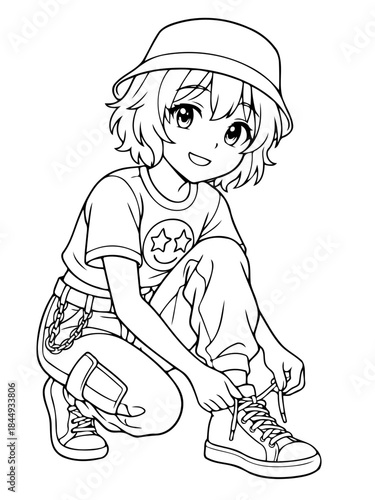 Stylish Teenager's Footwear: A young individual, meticulously tying their shoelaces while donning a fashionable ensemble, epitomizes the blend of modern youth, style, and everyday life.