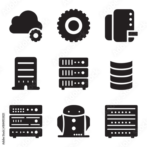  Collection of technology icons representing cloud computing servers and data storage silhouette