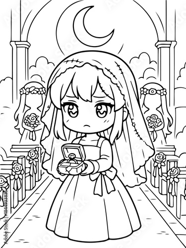 Melancholy Ceremony: A sad bride holds a ring box at the wedding, with bridesmaids in the background, a crescent moon above the church.