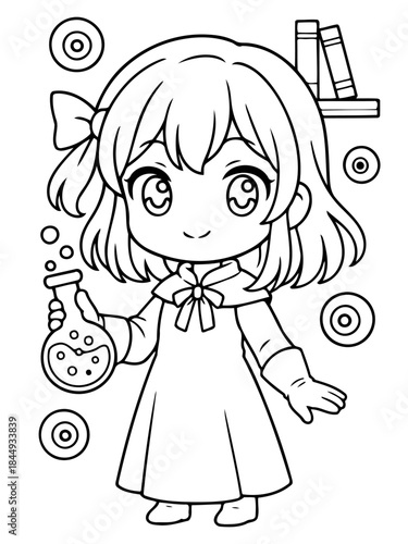 Young Scientist's Discovery: A charming young girl, adorned in a lab coat, peers into a flask bubbling with scientific curiosity, surrounded by simple graphic elements. 