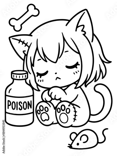 Sad Kitty with Poison: A monochrome illustration of a dejected cat surrounded by symbolic elements: a poison bottle, a bone, and a mouse. Evoking a sense of melancholy and contemplation.