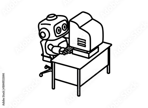 AI Assistant Typing at Office Desk - Technology ConceptRobot Working on Computer - Vector Illustration