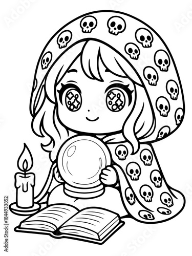 Mystical Cartoon Witch: An enchanting illustration of a cartoon witch gazing into a crystal ball, accompanied by a flickering candle and an ancient tome. A captivating scene for any reader.