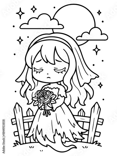 Ghost Bride Illustration: A captivating monochrome illustration of a ghost bride, radiating a sense of ethereal sadness amidst the night sky. She cradles a bouquet, standing behind a picket fence. 