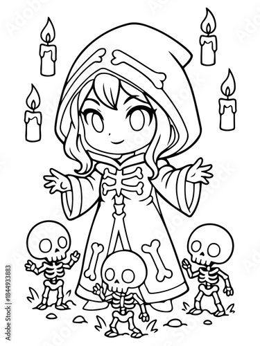 Whimsical Enchantment: A spectral, anime-inspired witch with a bone motif cape conjures mystical magic, surrounded by friendly skeletal companions and glowing candles.