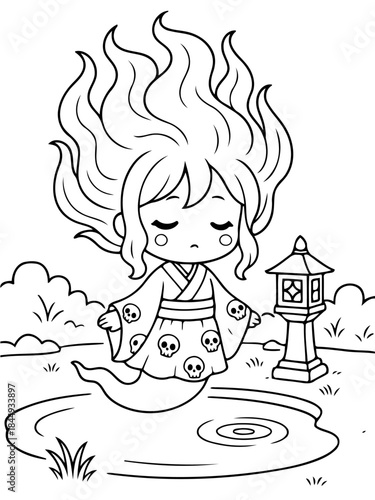 Spooky Ghost: A cute and stylized depiction of a Japanese ghost, a whimsical illustration of a spectral figure with long, flowing hair and a traditional robe, hovering near a tranquil pond.