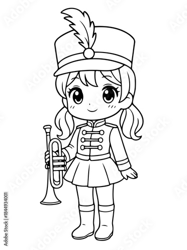 Marching Band Marvel: An illustration depicts a young, smiling band member, adorned in a classic marching uniform, holding a trumpet, ready to play. It evokes the spirit of musical performance, youth.