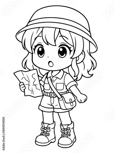 Explorer with Map: An adventurous cartoon figure, poised for exploration, clutches a map and is outfitted with explorer attire, ready to face exciting journey.