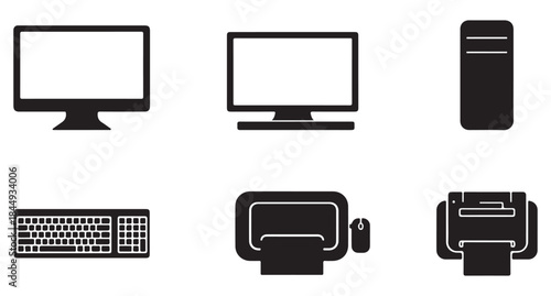  Collection of computer hardware icons including monitors keyboard tower printer and scanner silhouette