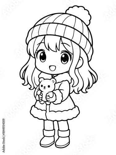 Winter's Embrace: A cute illustration of a cheerful child, bundled up in warm winter attire, lovingly holding a teddy bear, capturing the heartwarming innocence of childhood.