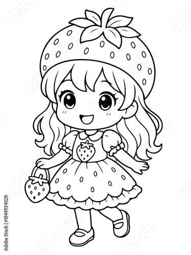 Strawberry Girl: An adorable cartoon girl dressed in a strawberry-themed outfit, complete with a strawberry hat and a matching handbag, ready for a day of fun and sweetness.