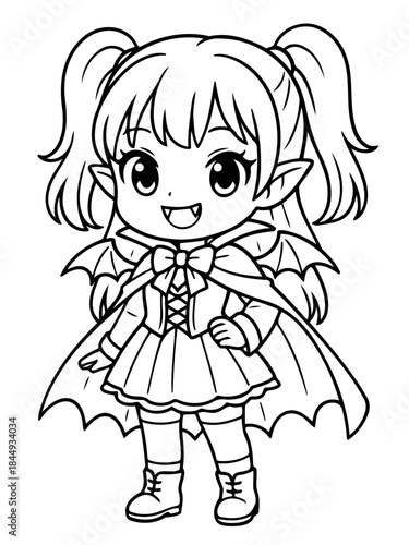 Chibi Vampire Girl: A charming monochrome illustration of a chibi vampire girl with large eyes, a playful grin, and bat wings, captured in a clean, uncluttered style.