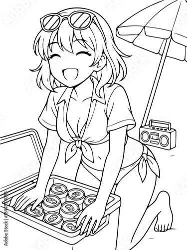 Seaside Relaxation: An animated image of a young female at beachside with the cooler with cold drinks