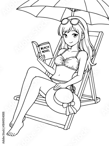 Relaxing Beach Reading: A girl enjoys a quiet afternoon on the beach, immersed in a good book. She relaxes on a beach chair under an umbrella, basking in the sun.