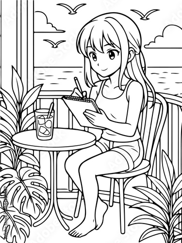 Serene Balcony Sketch: A young individual sits at a balcony table, absorbed in sketching while enjoying a refreshing iced beverage with scenic ocean view and the birds flying in the background.