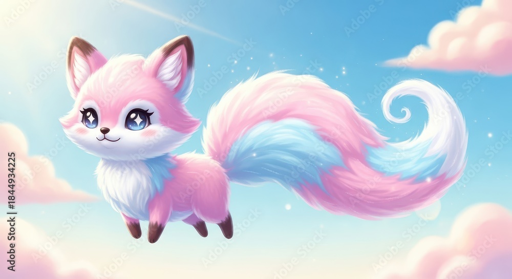 Obraz premium Adorable fantasy fox cub with pink and blue markings soars through a bright blue sky filled with pastel clouds