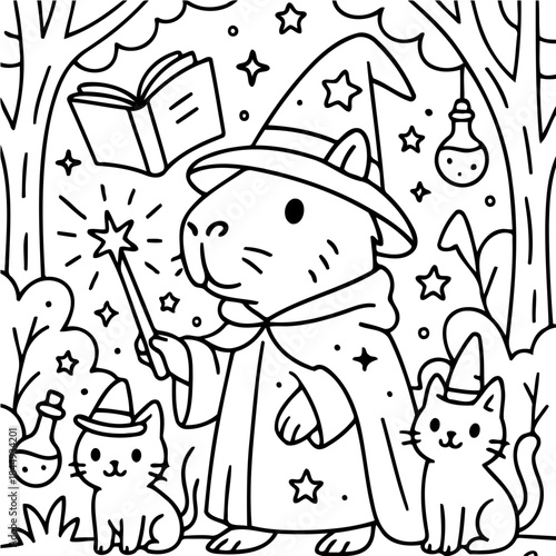 Whimsical Wizarding Capybara: An enchanting scene unfolds as a capybara, adorned in a wizard's attire, casts a spell with a wand alongside two magical kitten companions.