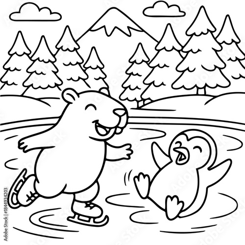 Winter Wonderland Fun: A whimsical illustration of a beaver and a penguin enjoying ice skating on a snowy day, with a mountain range providing a picturesque background.