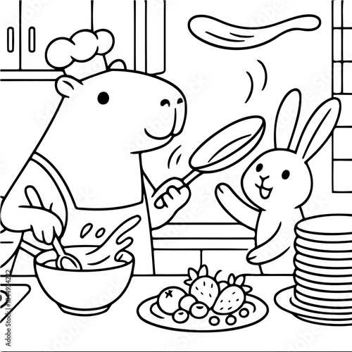 Whimsical Kitchen Adventure: A cheerful capybara chef and a delighted bunny engage in a playful cooking session. Joyful pancake flipping. A delicious culinary experience, filled with happy moments.