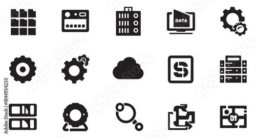  Collection of black technology and data icons in a clean silhouette style