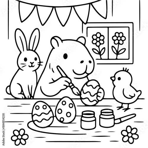 Easter Fun: An Easter scene filled with a festive atmosphere, depicting an adorable rabbit, a cute capybara and a little chicken, all engaged in the joyful activity of painting easter eggs.